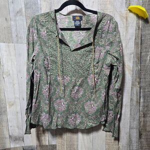 Route 66 Vintage Green Paisley Floral Peasant Top Medium Boho Indie Hippy Retro